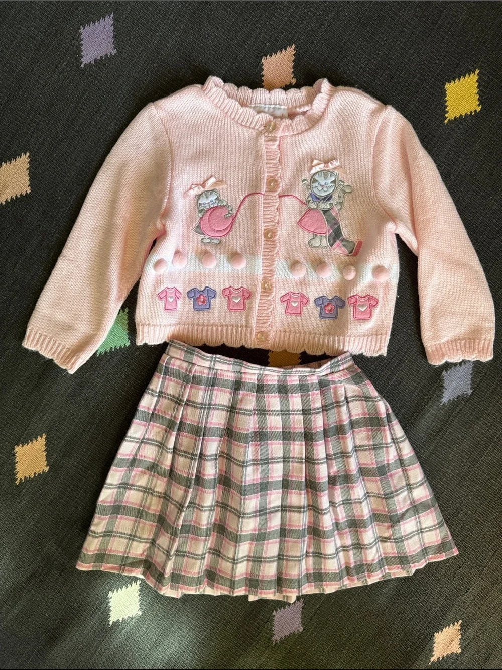 Vintage Sweater Cardigan and Plaid Skirt Matching Pink Cats